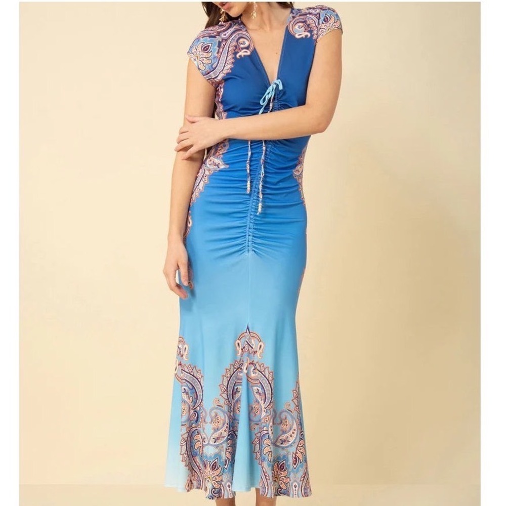 Hale Bob Samantha Midi Jersey Dress Blue Formal Wedding Guest Cocktail Size M